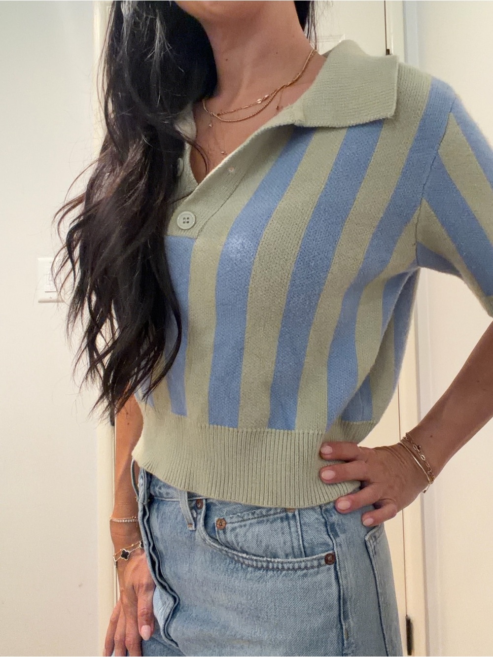 Women’s cider Striped Polo Top in Blue & Green Like New - Picture 2 of 7